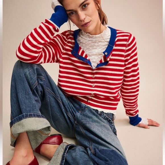 Free People Nocturnal Stripe Cashmere Blend Cardigan in Valiant Blue Combo NWOT - Picture 2 of 10